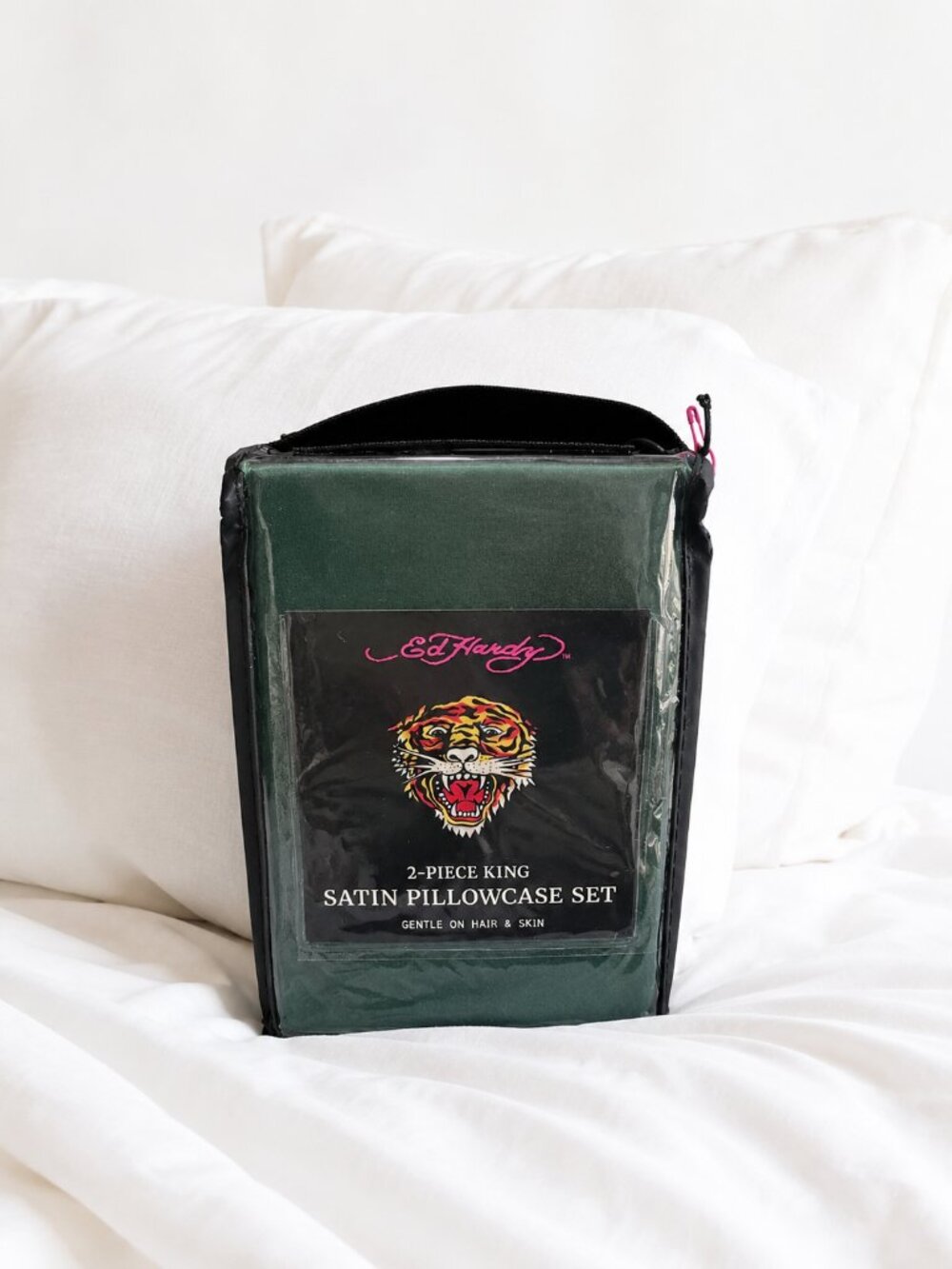 Ed Hardy Satin Pillowcase Set King Size Green Anti-Frizz Hair NWOT